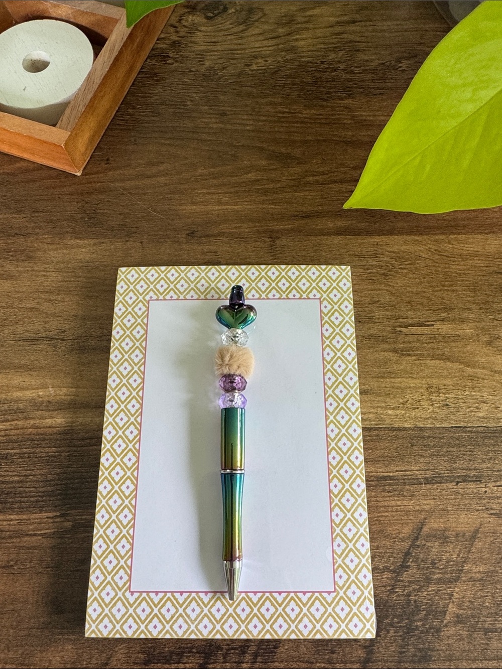 Iridescent Rainbow Beaded Pen with Heart Charm